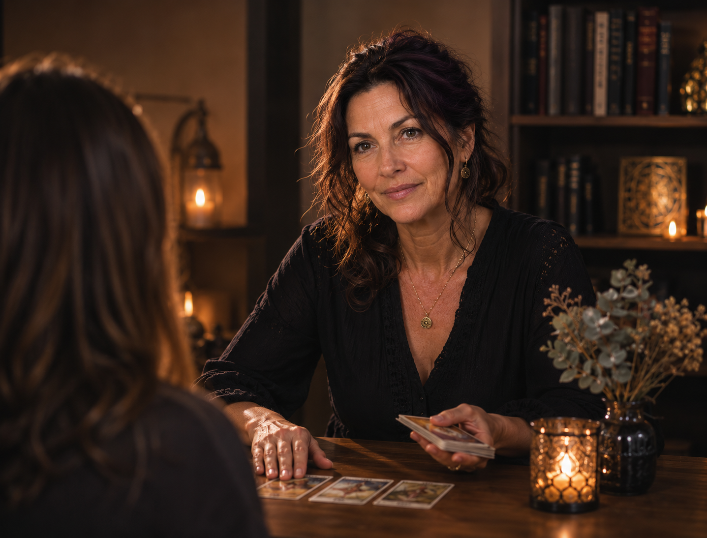 Stephanie mid-reading, candlelit and focused on the cards