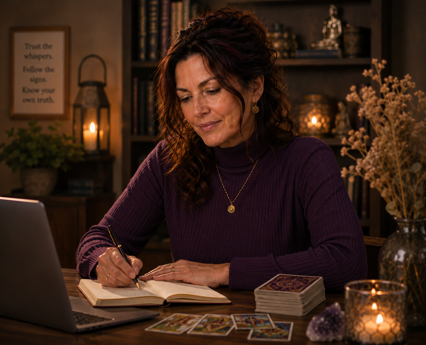 Stephanie writing a reading by candlelight at her desk